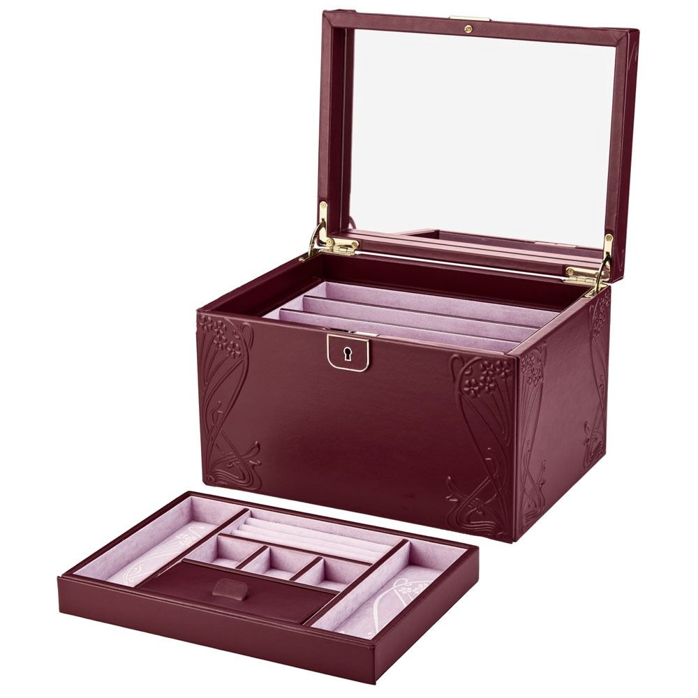 Maroon jewelry box with glass lid on a white background