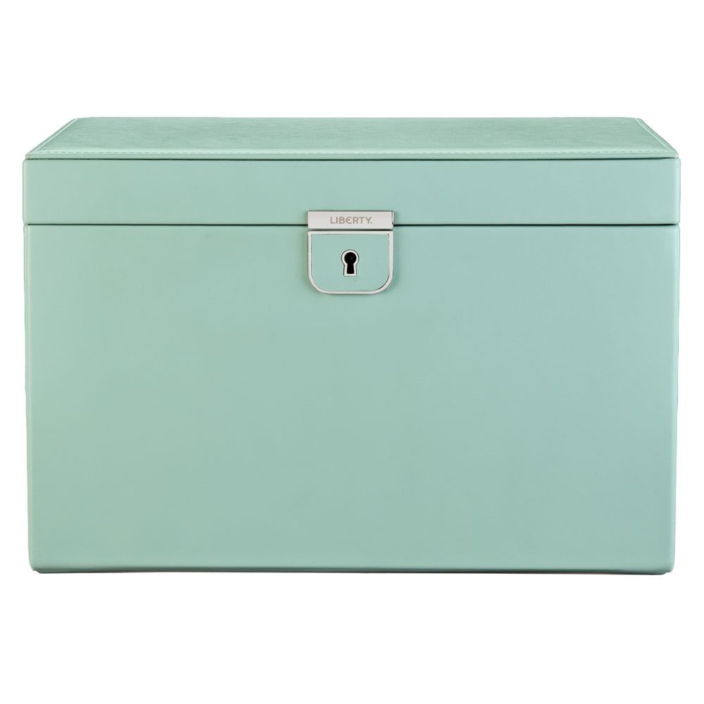 Mint green jewelry box with a silver lock on a white background
