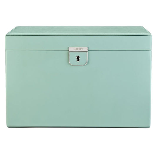 Mint green jewelry box with a silver lock on a white background