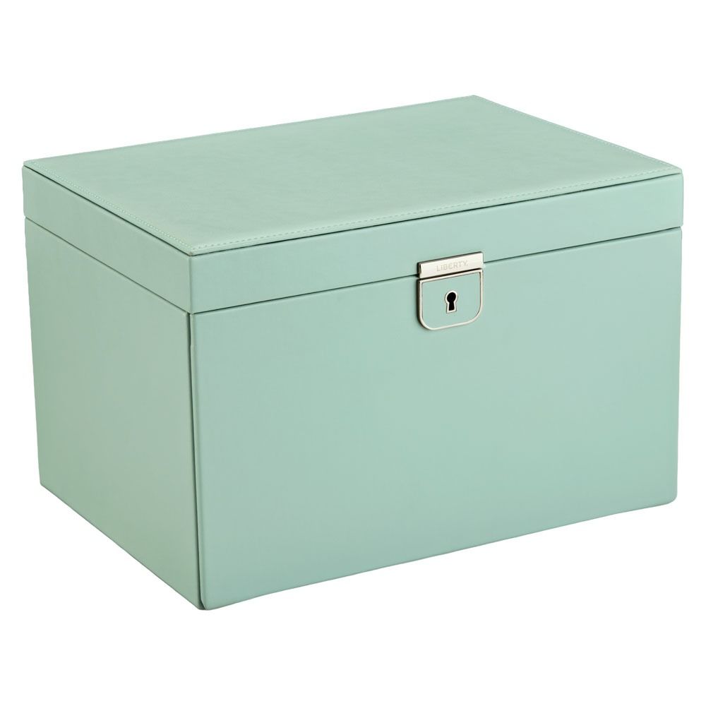 Mint green jewelry box with a silver lock on a white background