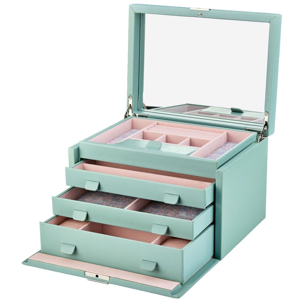 Teal jewelry box with multiple compartments on a white background