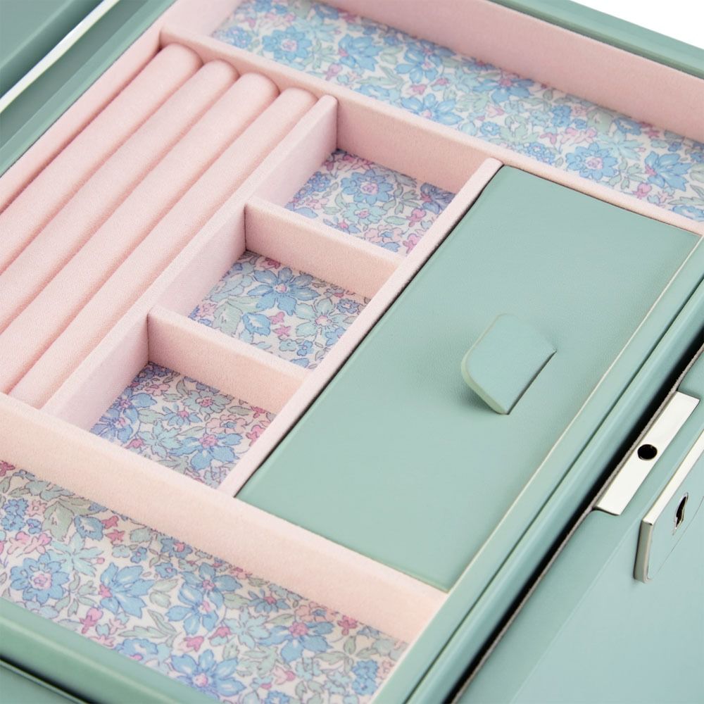 Jewelry box with floral interior and pink and green exterior