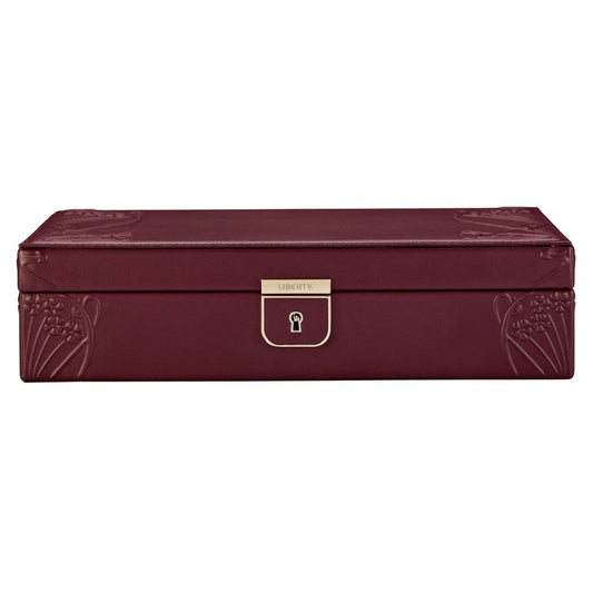 Maroon jewelry box with gold lock on a white background
