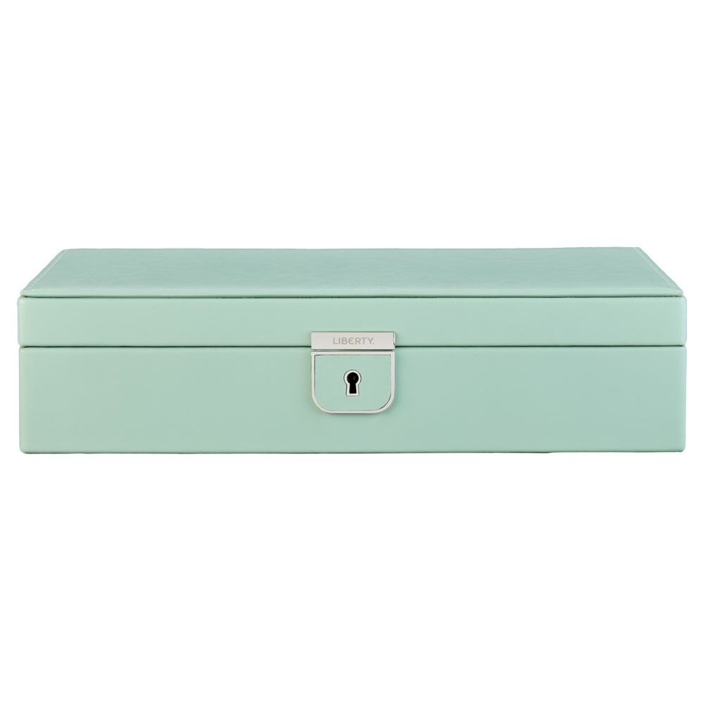 Light blue jewelry box with a silver lock on a white background