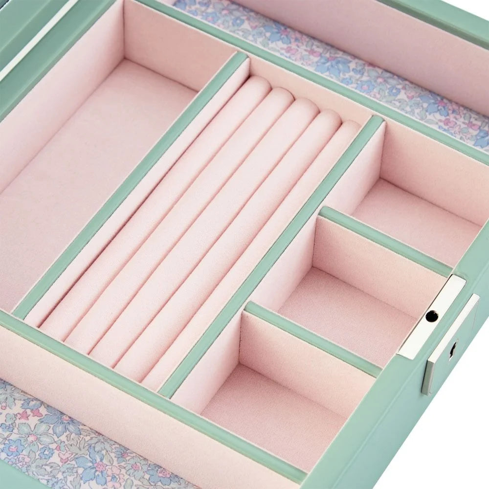 Pink jewelry box with green accents and floral interior