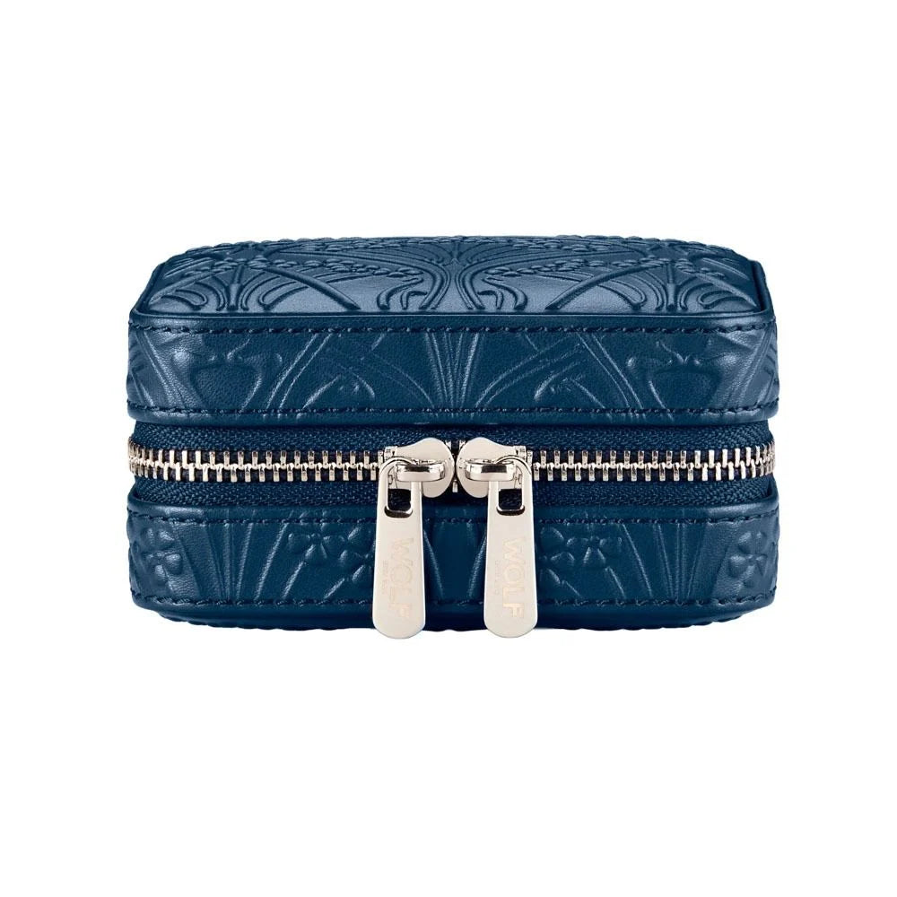 Blue embossed jewelry box with a silver zipper on a white background
