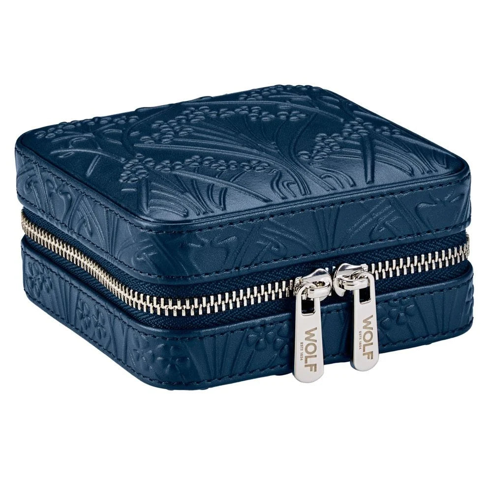 Blue jewelry box with floral embossing and silver zipper on a white background