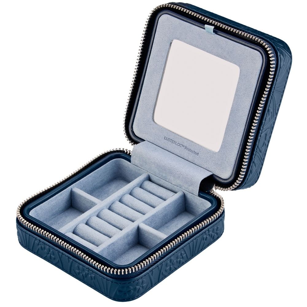 Blue jewelry case with mirror on a white background