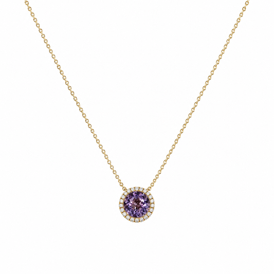 Round Cut Amethyst & Diamond Halo Pendant | 18ct Yellow Gold