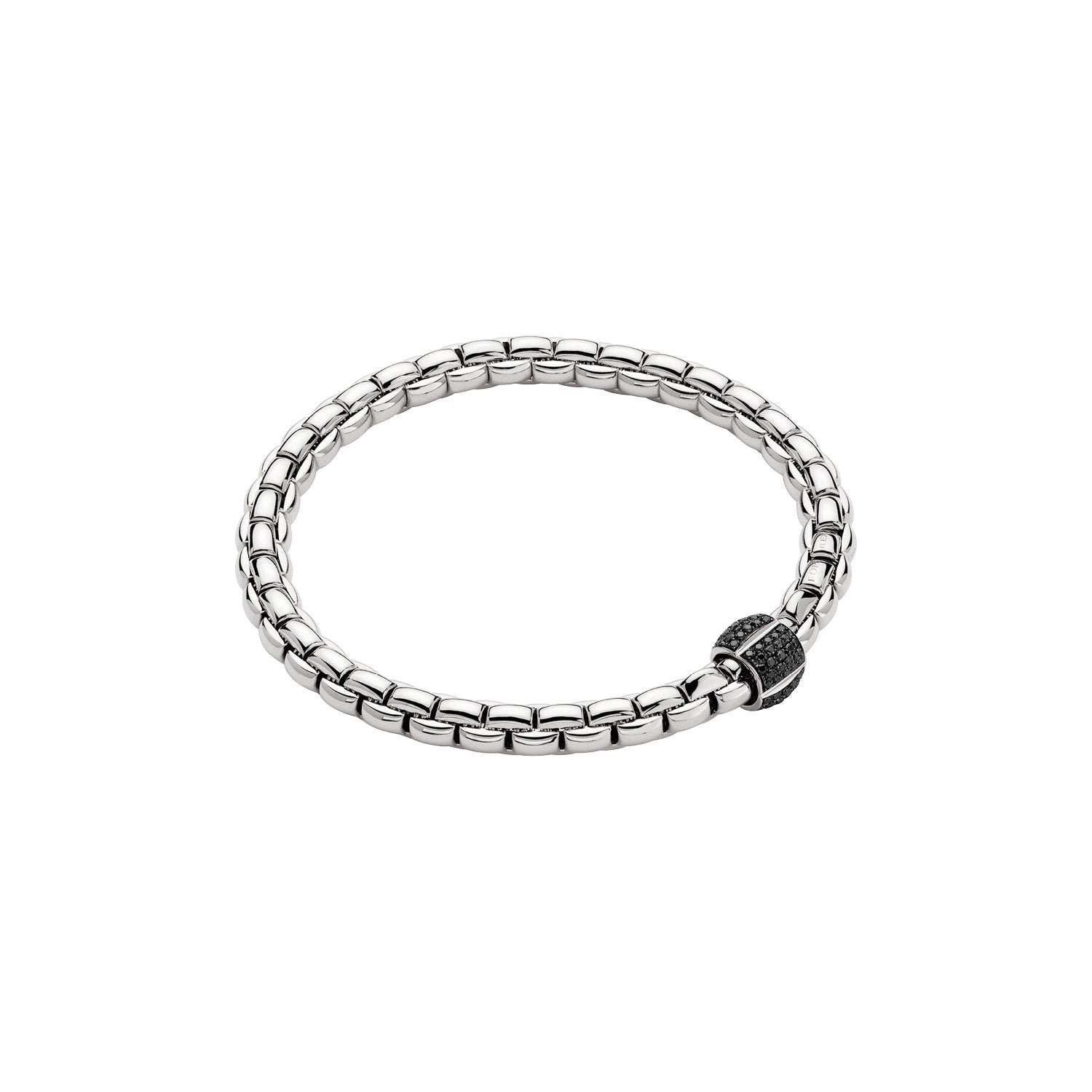 Fope white gold  bracelet with a black clasp on a white background