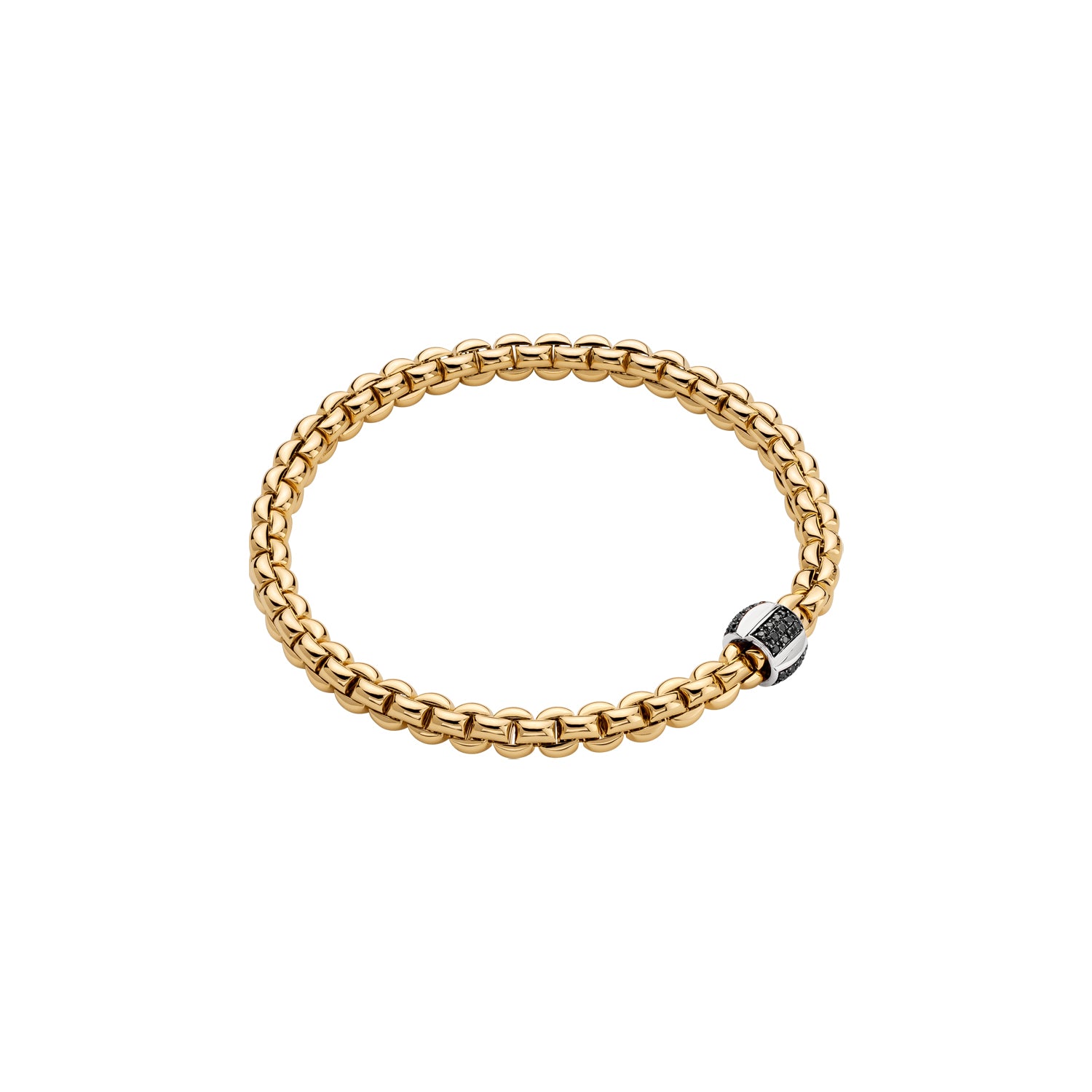Fope yellow gold bracelet with a black bead on a white background