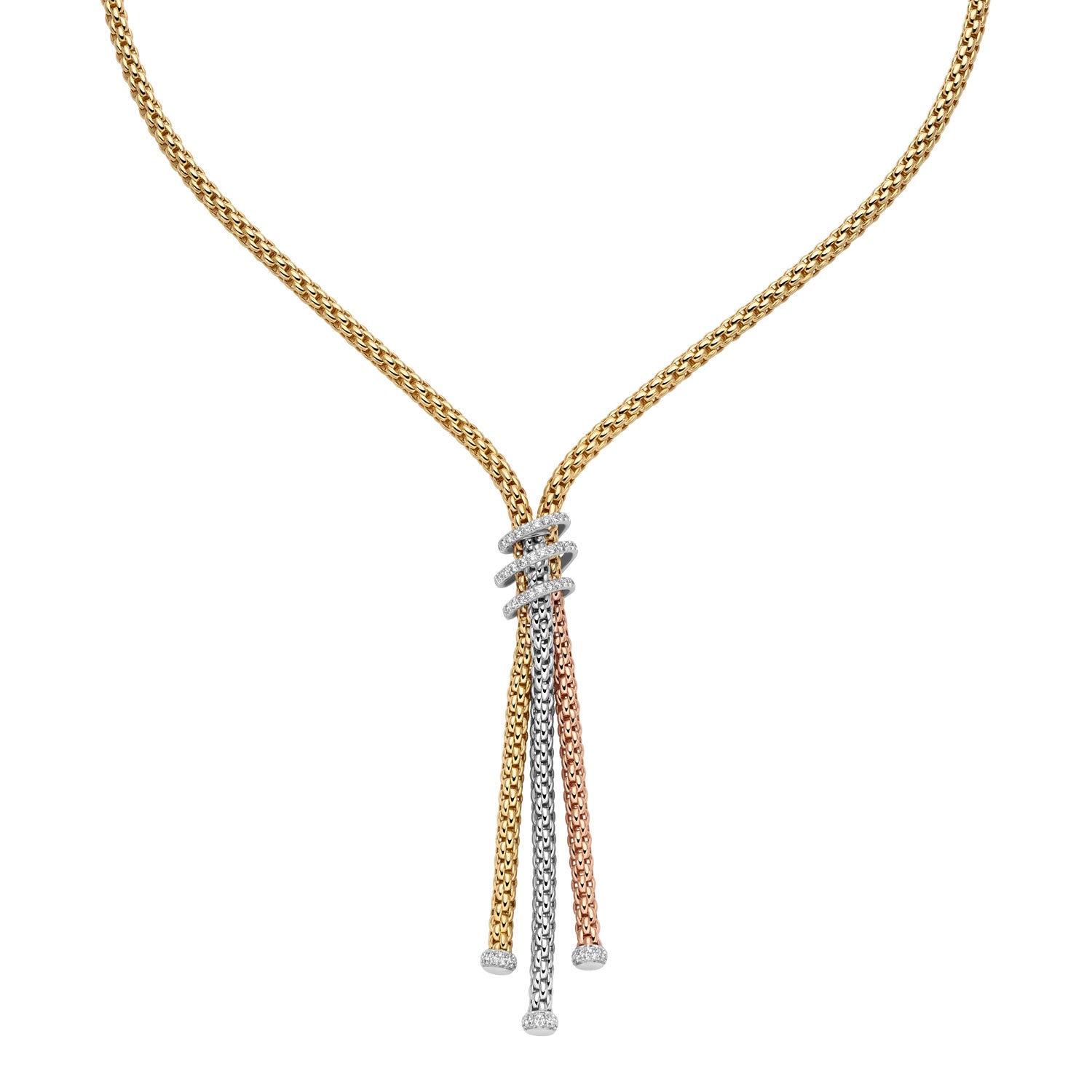 Fope Prima Gold, silver, and rose gold necklace on a white background