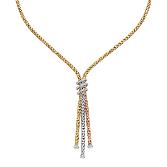Fope Prima Gold, silver, and rose gold necklace on a white background