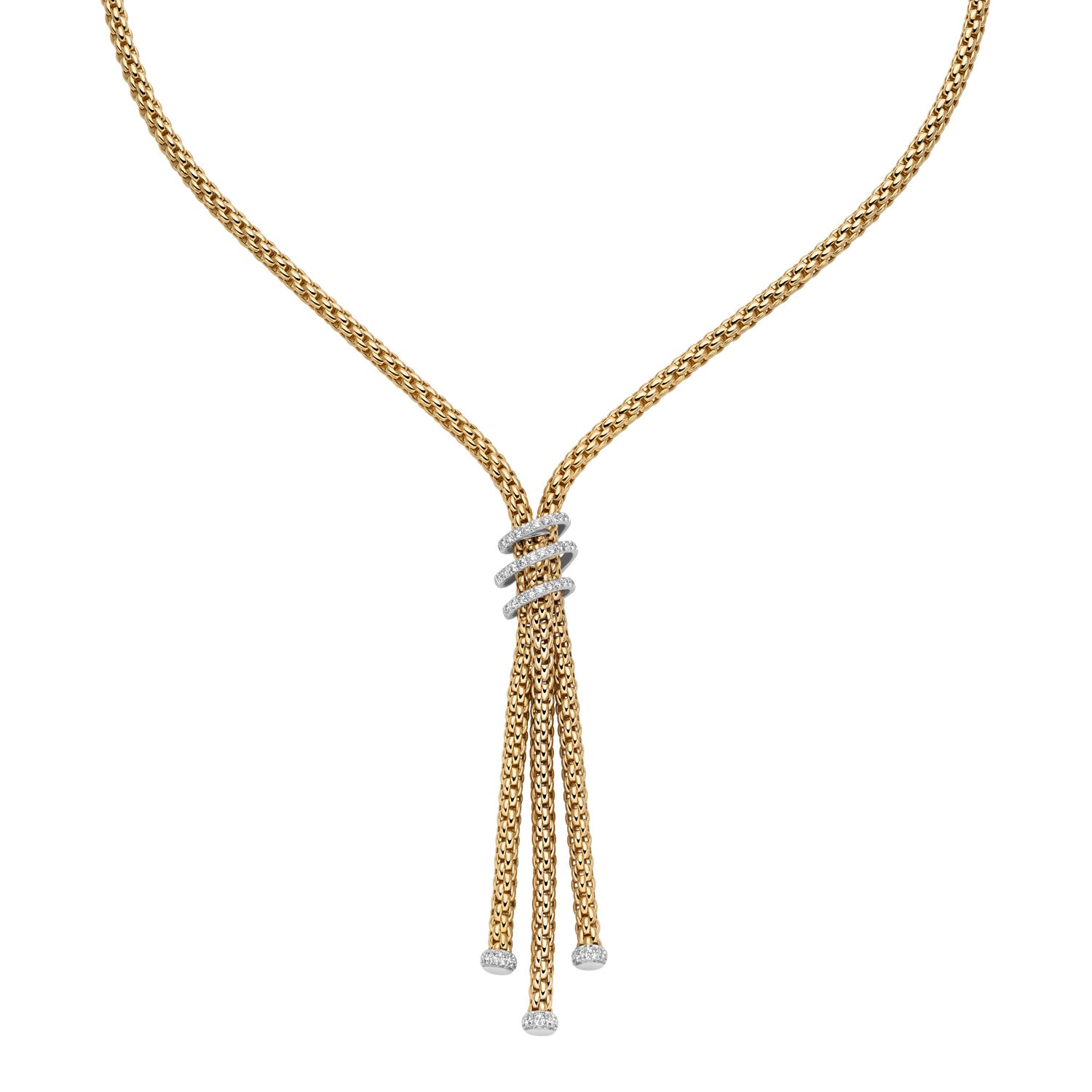 Fope Prima Gold necklace with three hanging chains on a white background