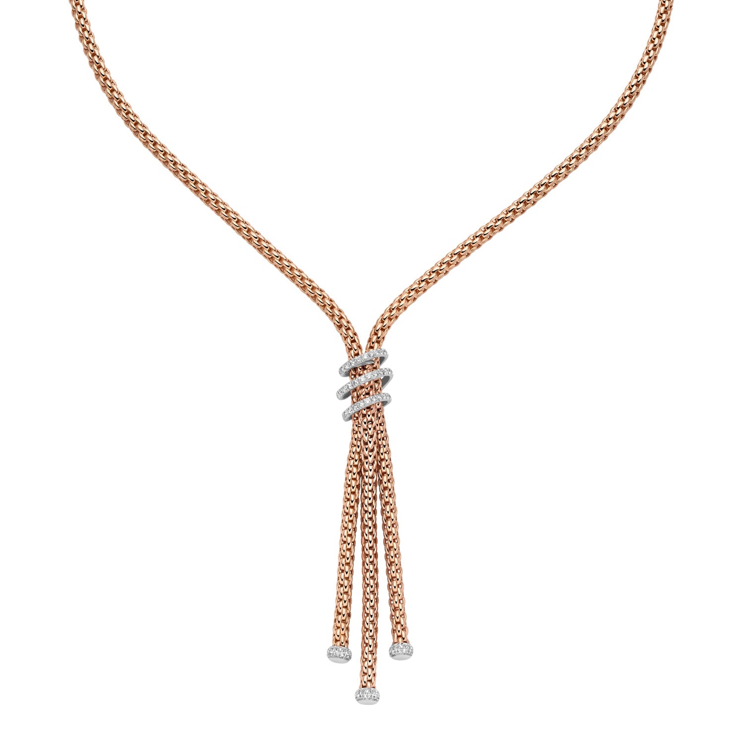 Fope Prima Rose gold necklace with dangling elements on a white background