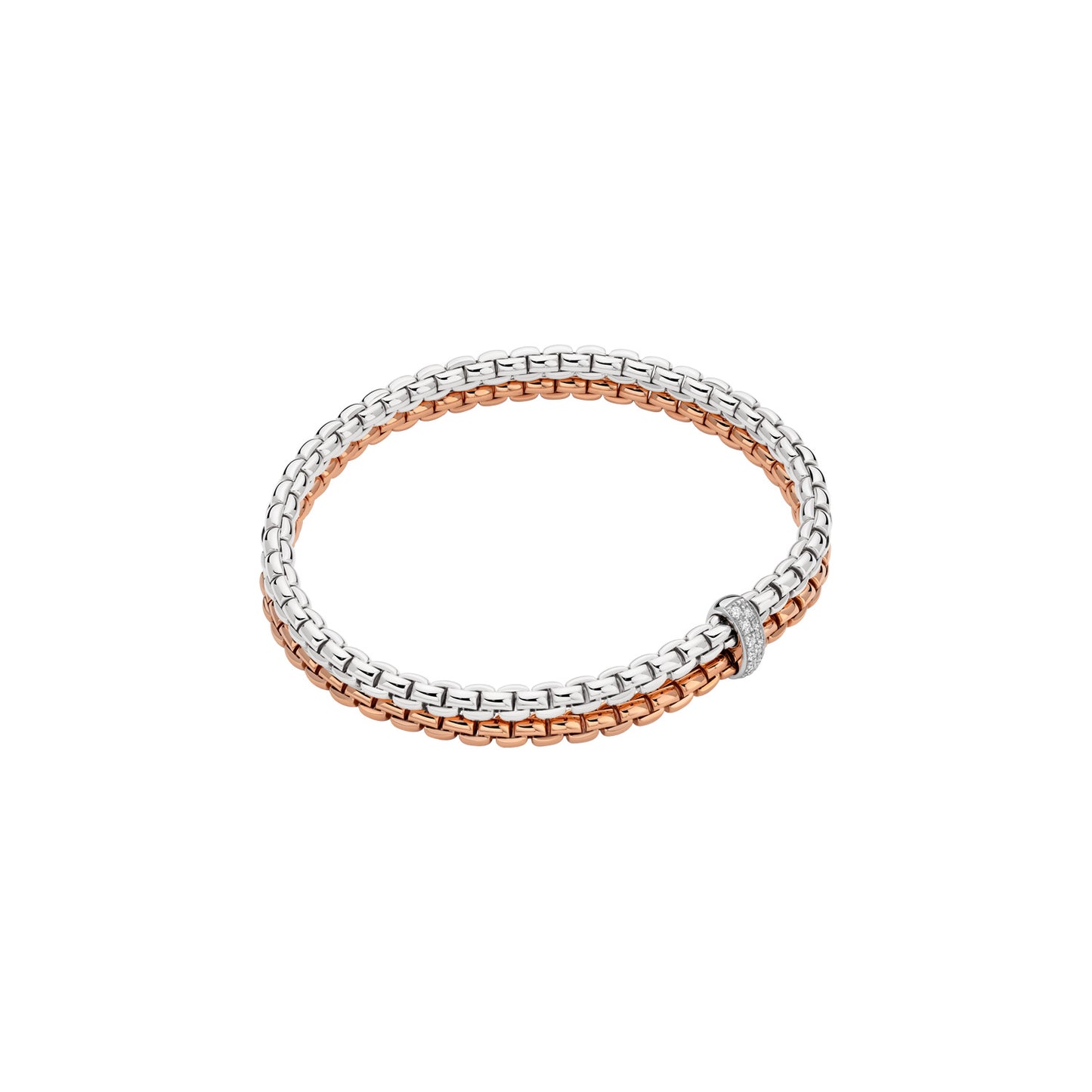 Two-tone bracelet with rose gold and silver links on a white background