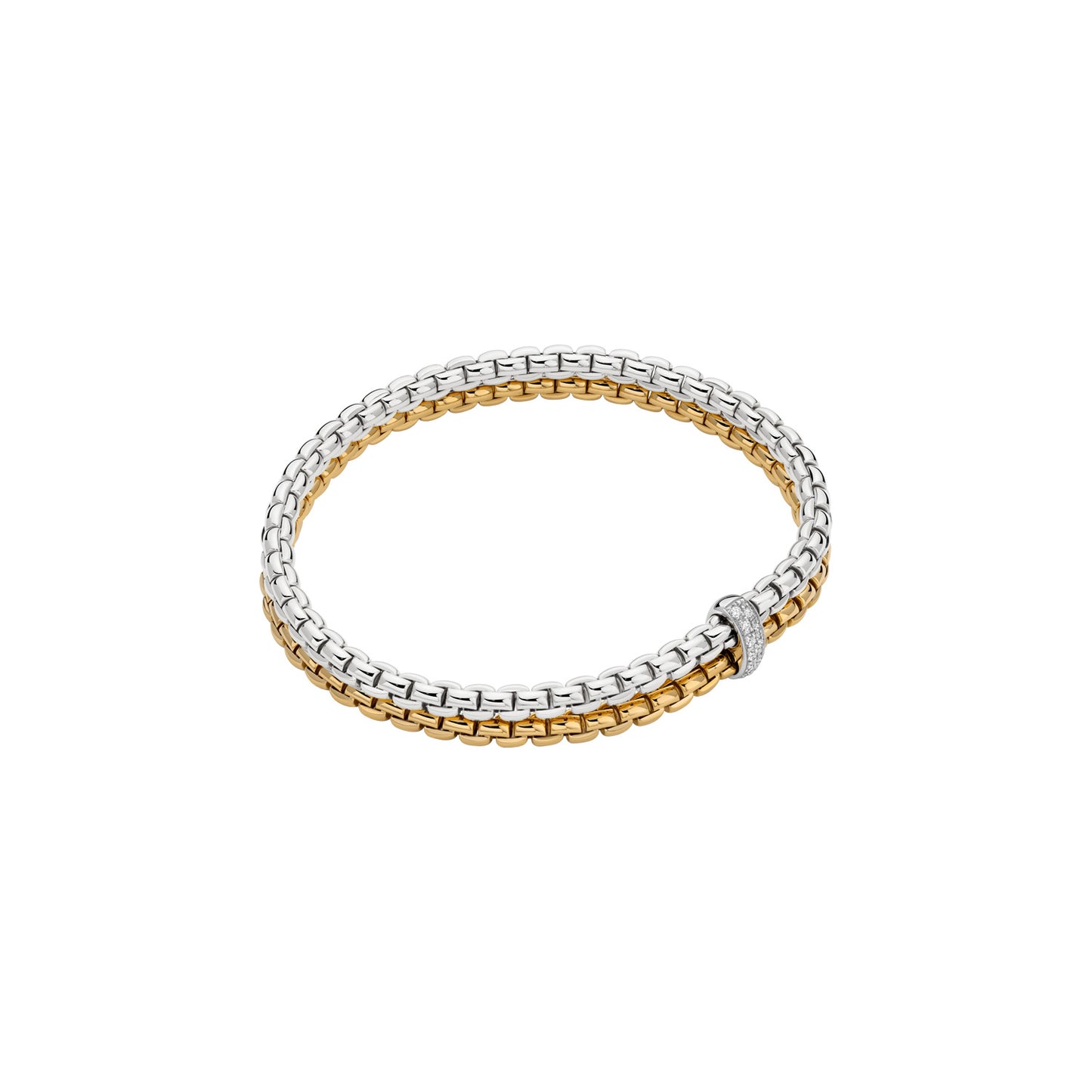 Two-tone gold and silver bracelet on a white background