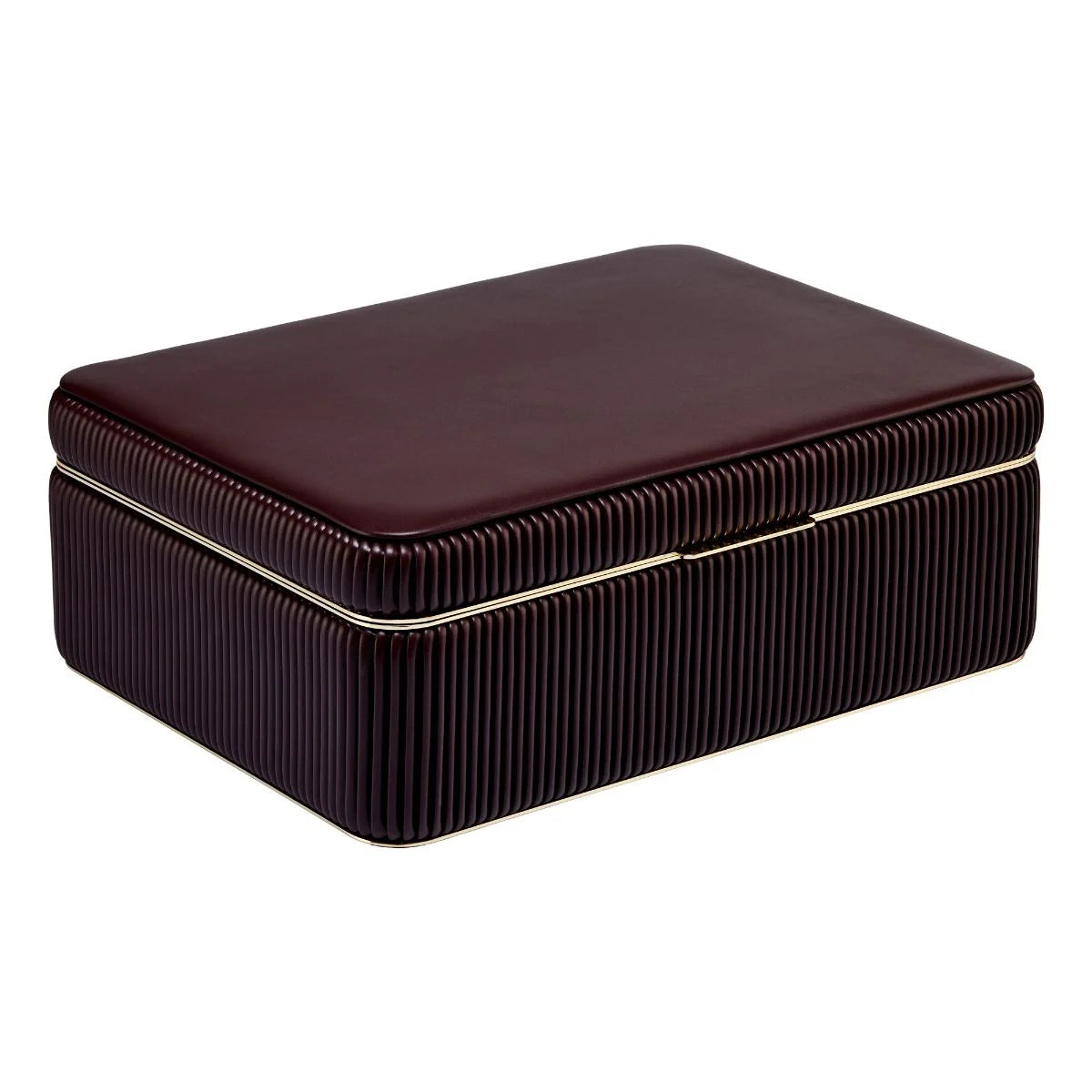 Brown jewelry box with gold trim on a white background