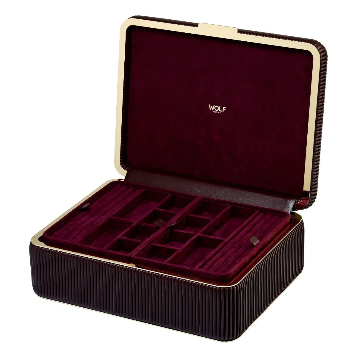 Jewelry box with red interior and gold trim on a white background