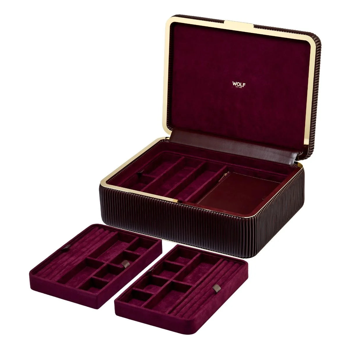 Jewelry box with open lid and compartments on a white background