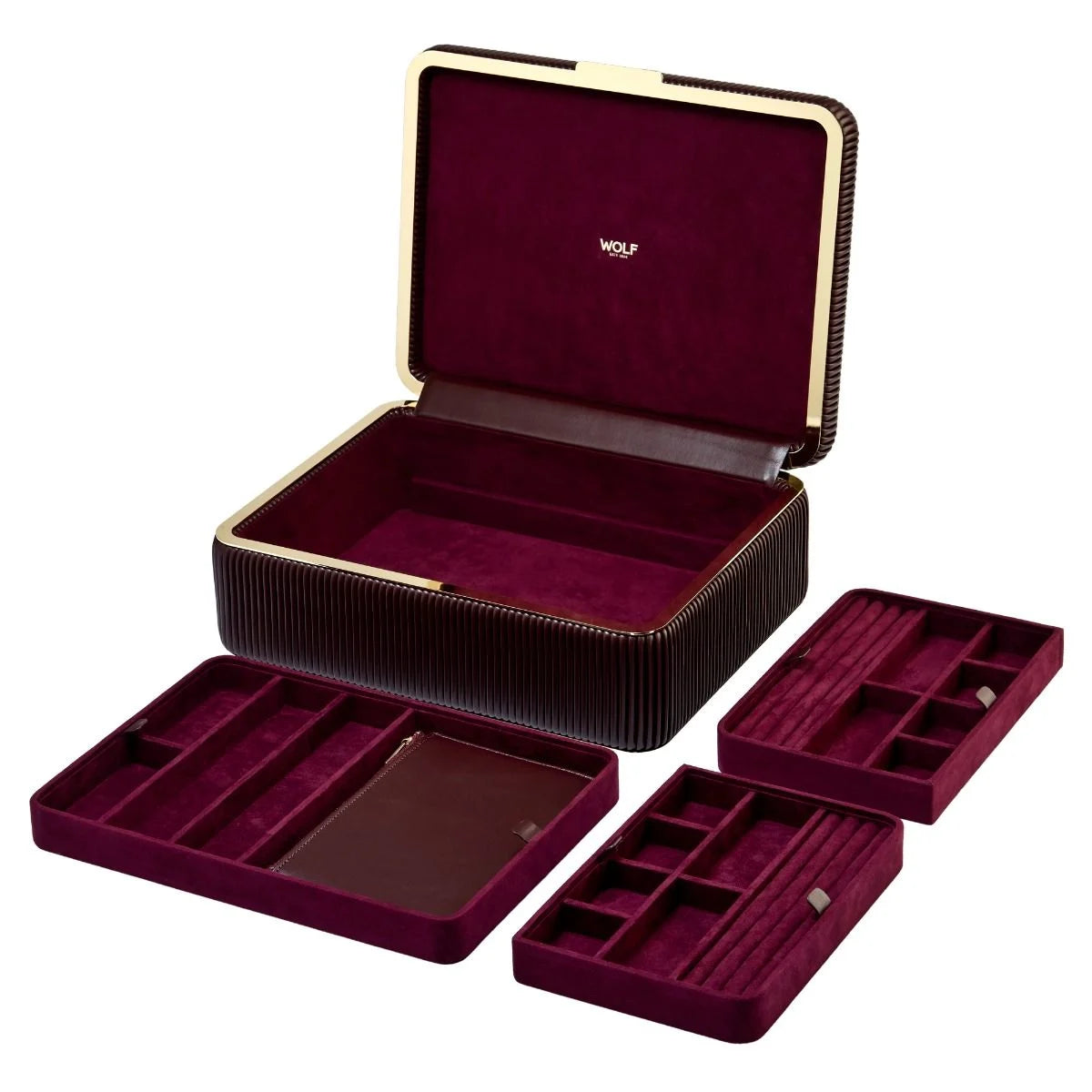 Jewelry box set with multiple compartments on a white background