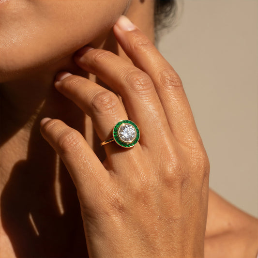 Art Deco Gold Diamond Ring | Emerald Halo
