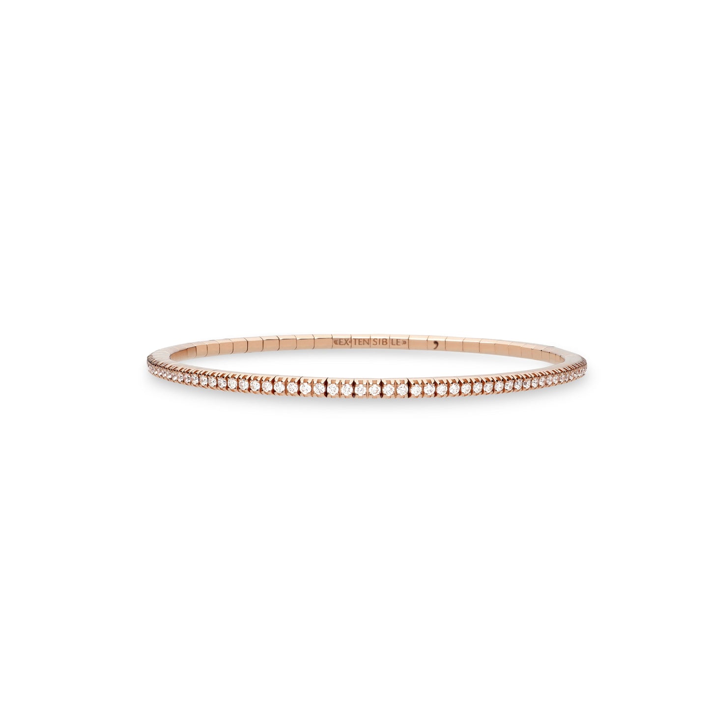 A delicate rose gold bangle bracelet with a row of small pavé-set clear stones, centered on a solid white background.