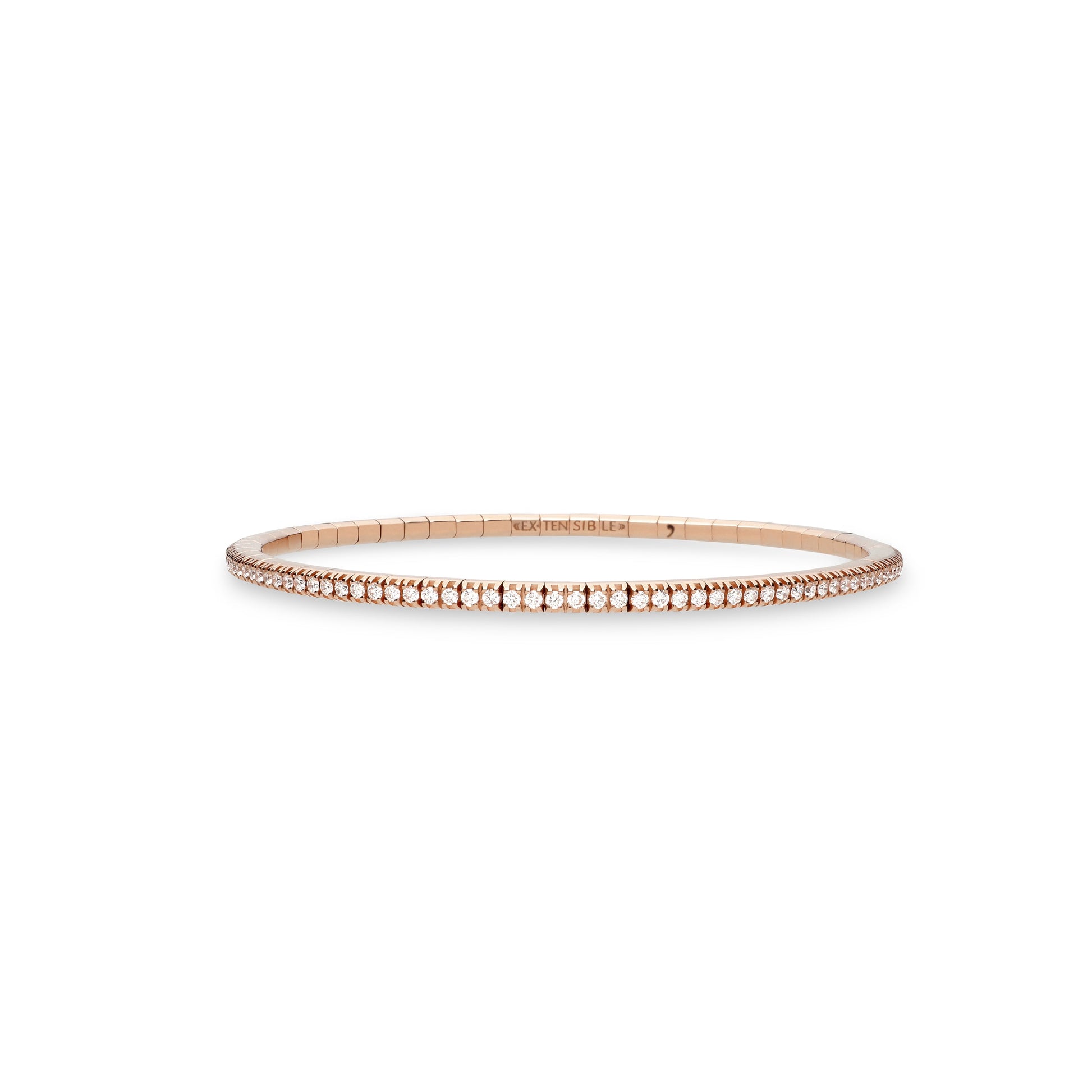A delicate rose gold bangle bracelet with a row of small pavé-set clear stones, centered on a solid white background.
