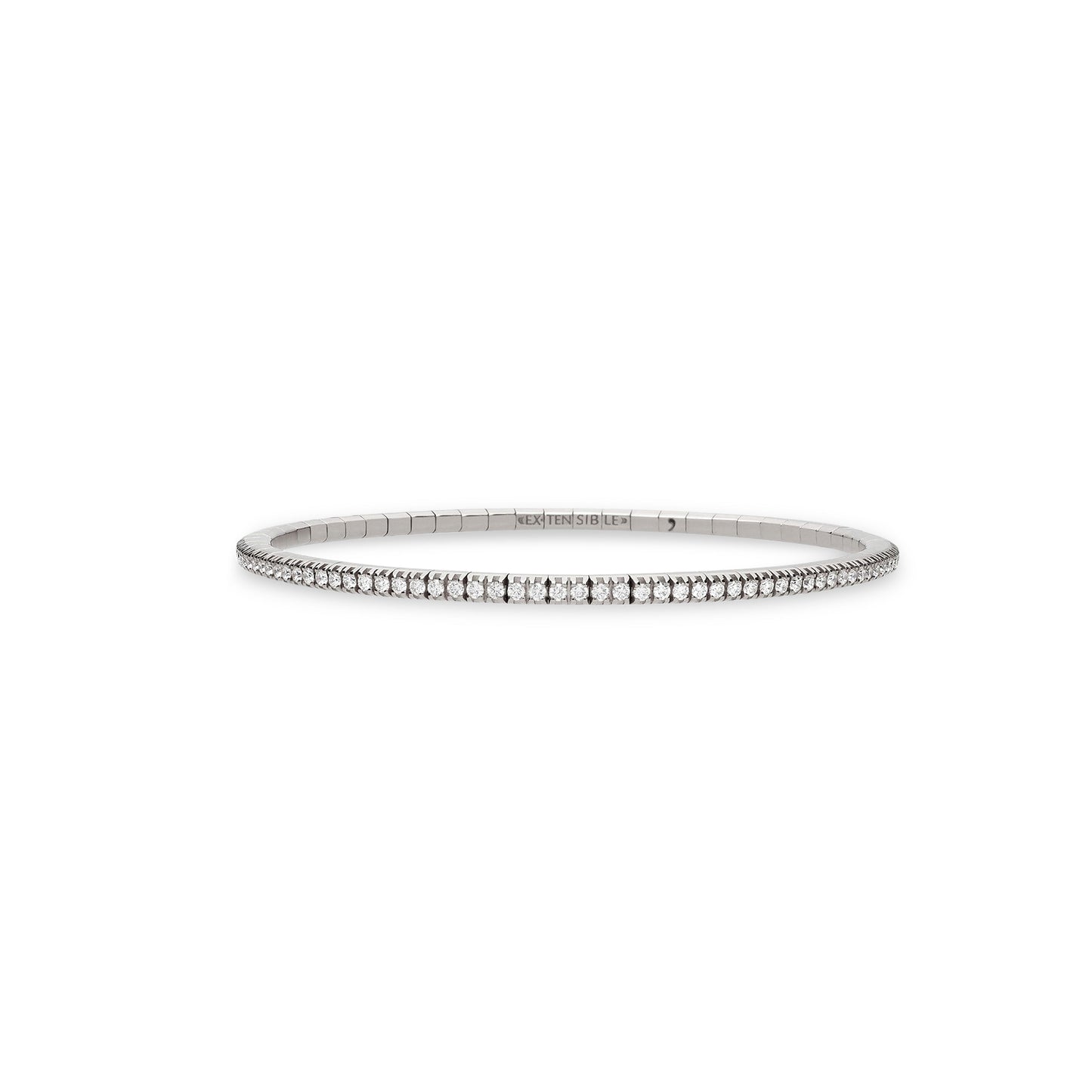 A thin silver-toned bangle bracelet with a row of small clear stones, centered on a plain white background.