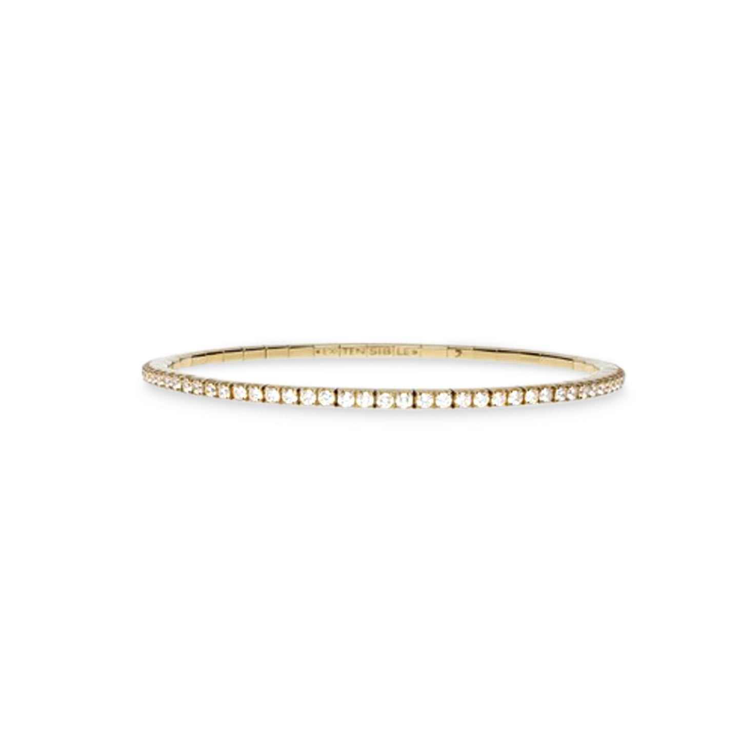 A delicate gold bangle bracelet with a single row of small clear stones, photographed against a solid white background.