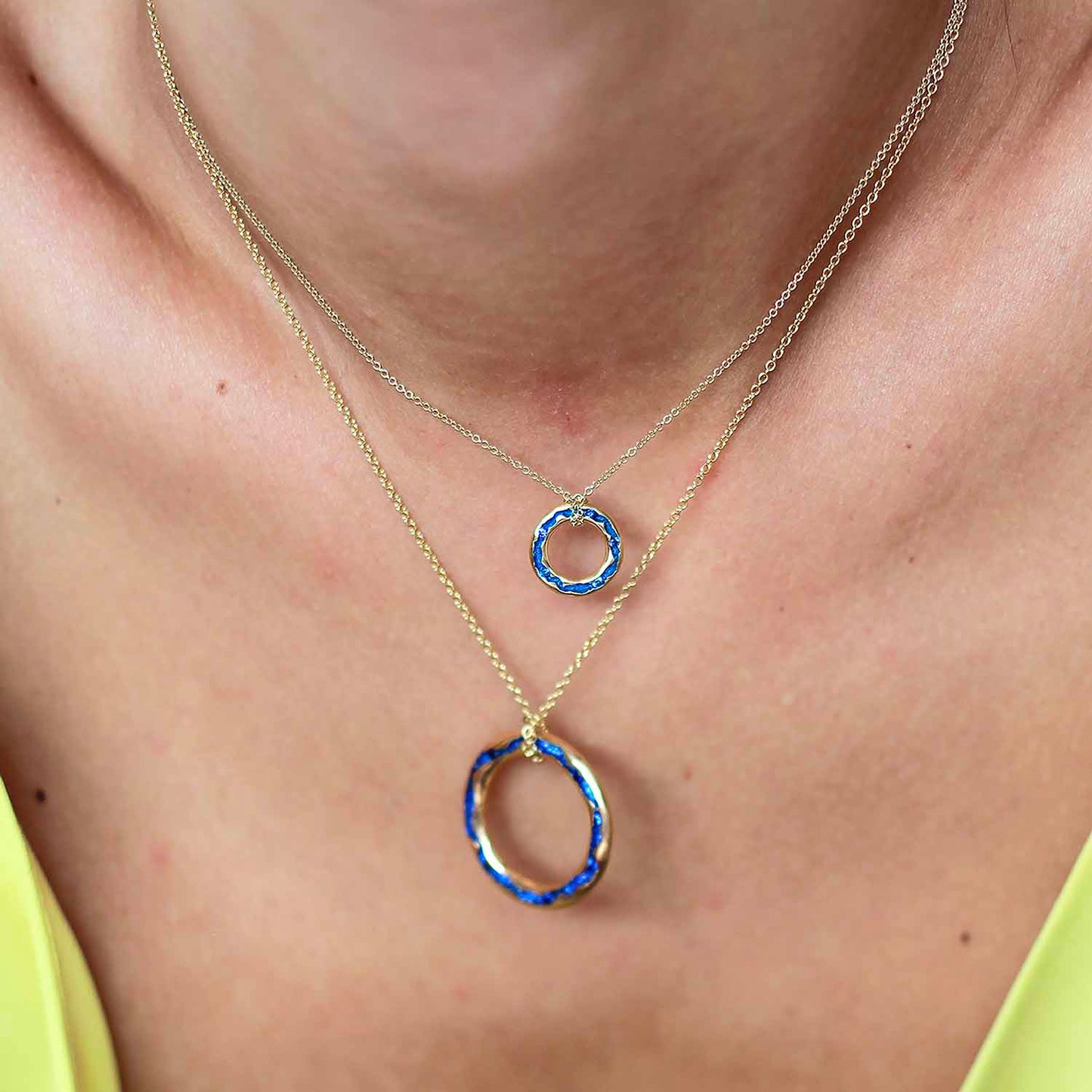 Rock Pool Electric Blue Sapphire Pendant Link worn on a model