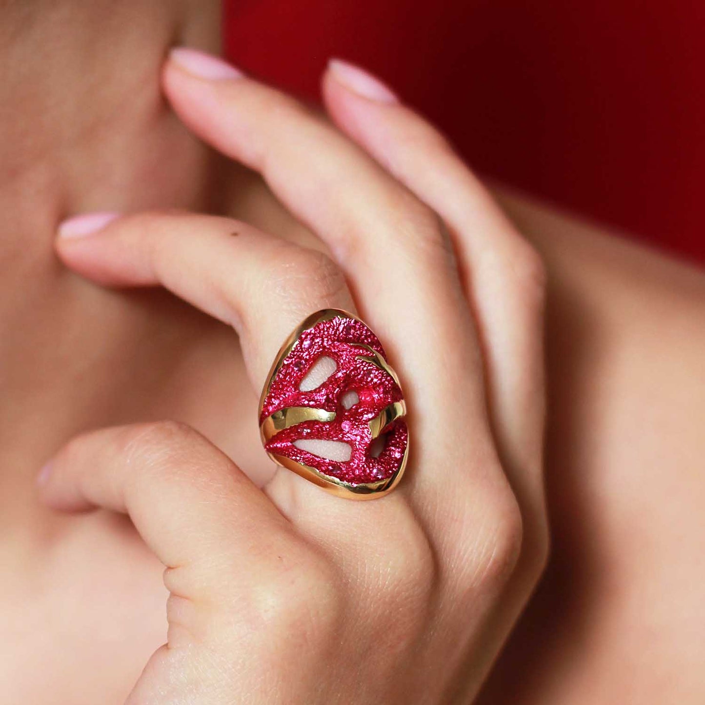 Jennifer House Rock Pool Fuchsia Pink Statement Ring worn on a model