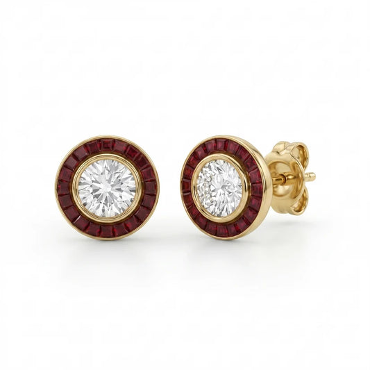 Art Deco Gold Diamond Earrings | Ruby Halo