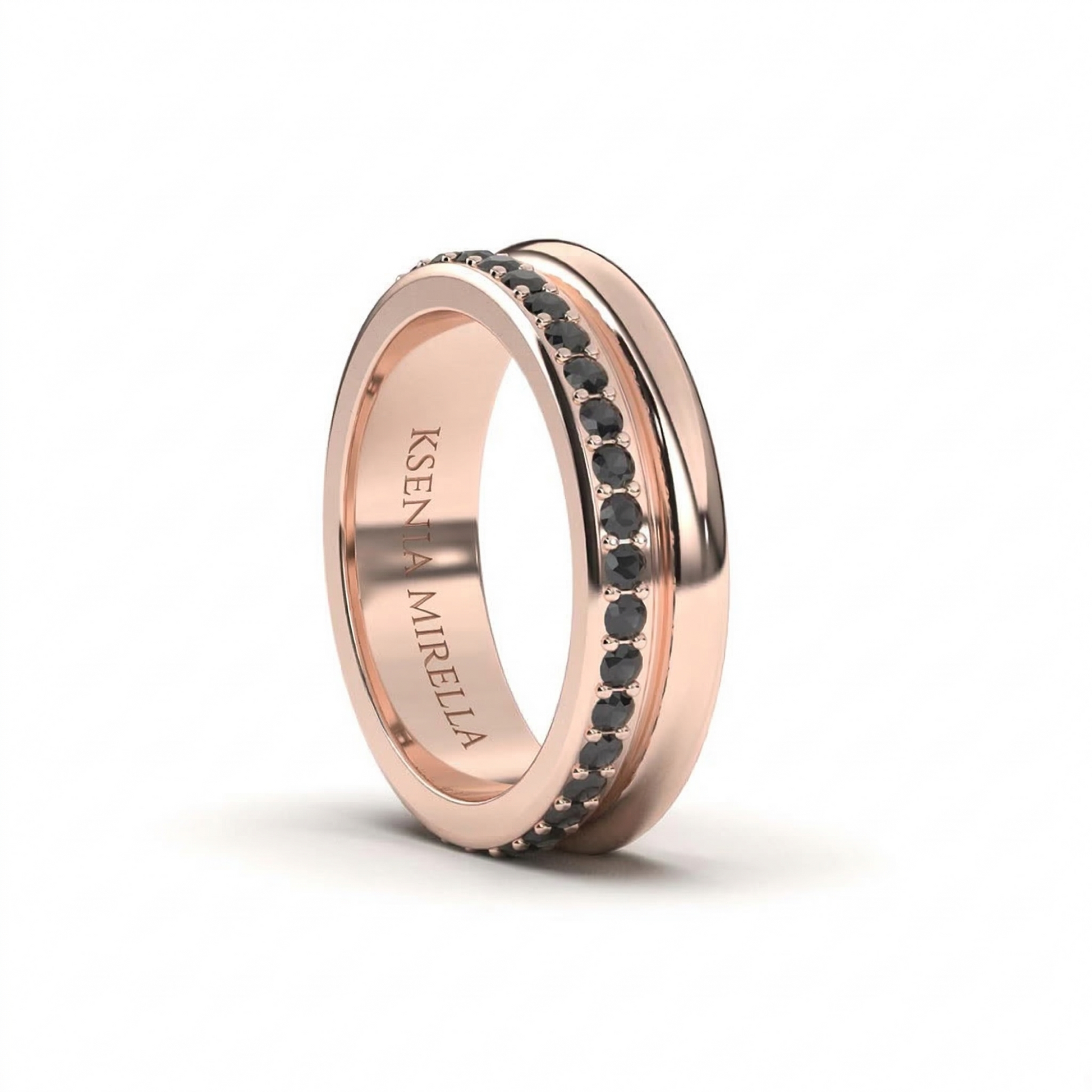 rose gold black diamond double band ring on a white background