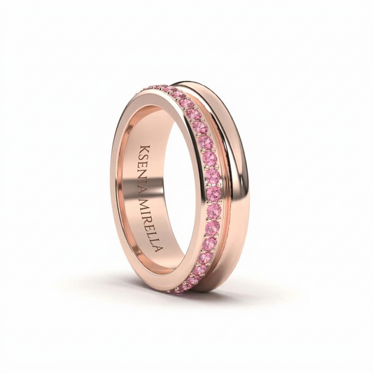 rose gold double band full pink sapphire eternity band on a white background 