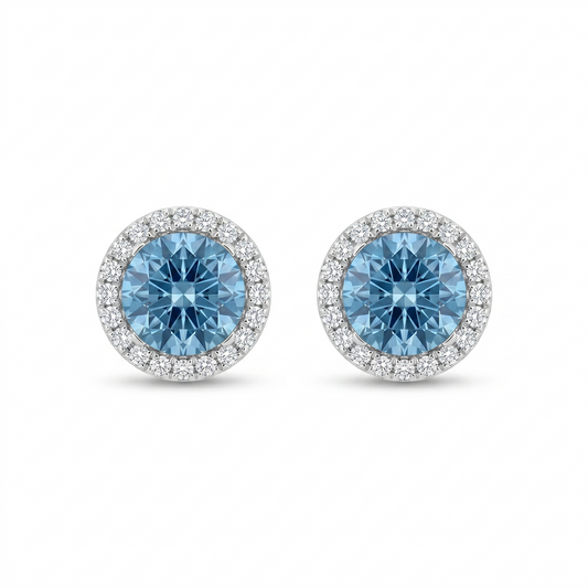 Round Aquamarine Diamond Stud Earrings | 18ct White Gold