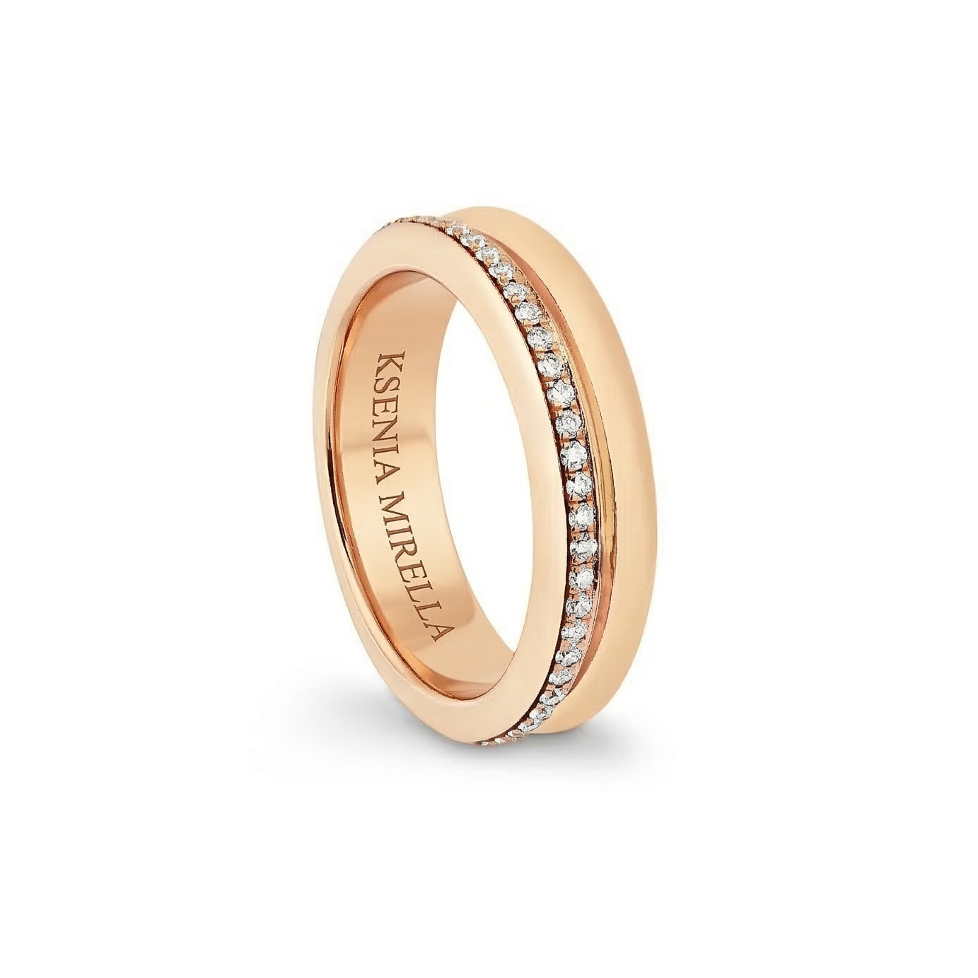 Rose gold ring with embedded diamonds on a white background
