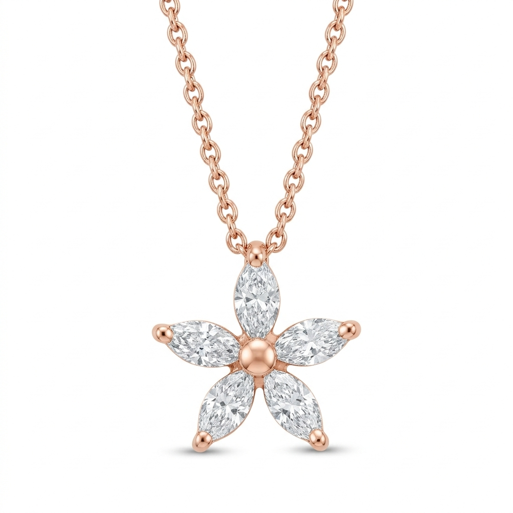 A delicate flower pendant featuring five marquise-cut diamonds as petals, totaling 0.55ct, set in 18ct rose gold. High-resolution packshot on a clean background by Peter Ungar.