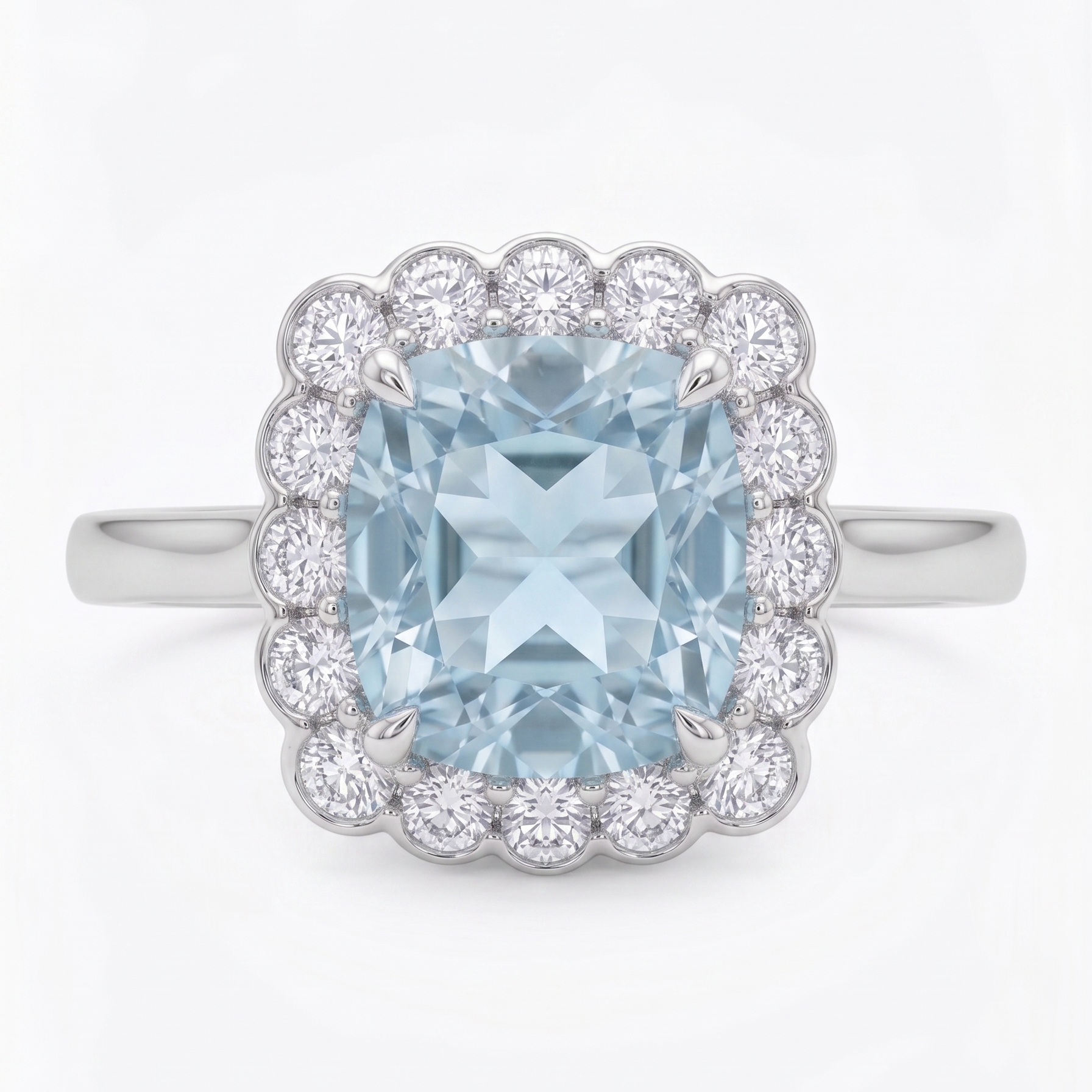 Ring with a blue gemstone and diamond halo on a white background
