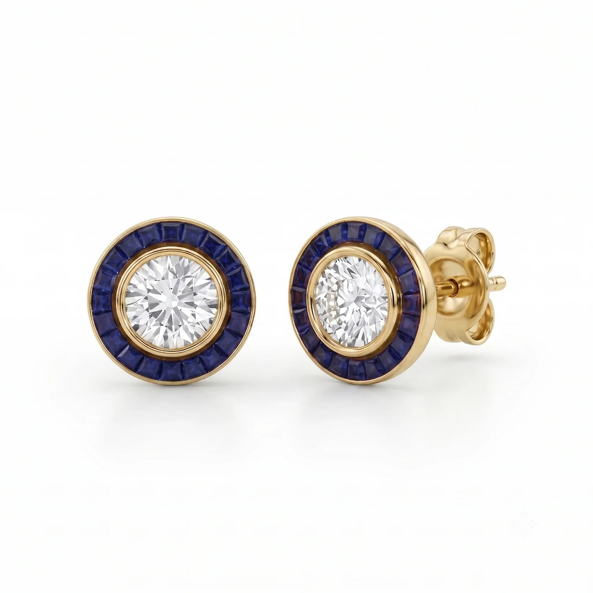 Art Deco Gold Diamond Earrings | Sapphire Halo