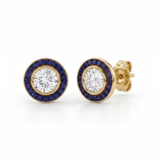 Art Deco Gold Diamond Earrings | Sapphire Halo