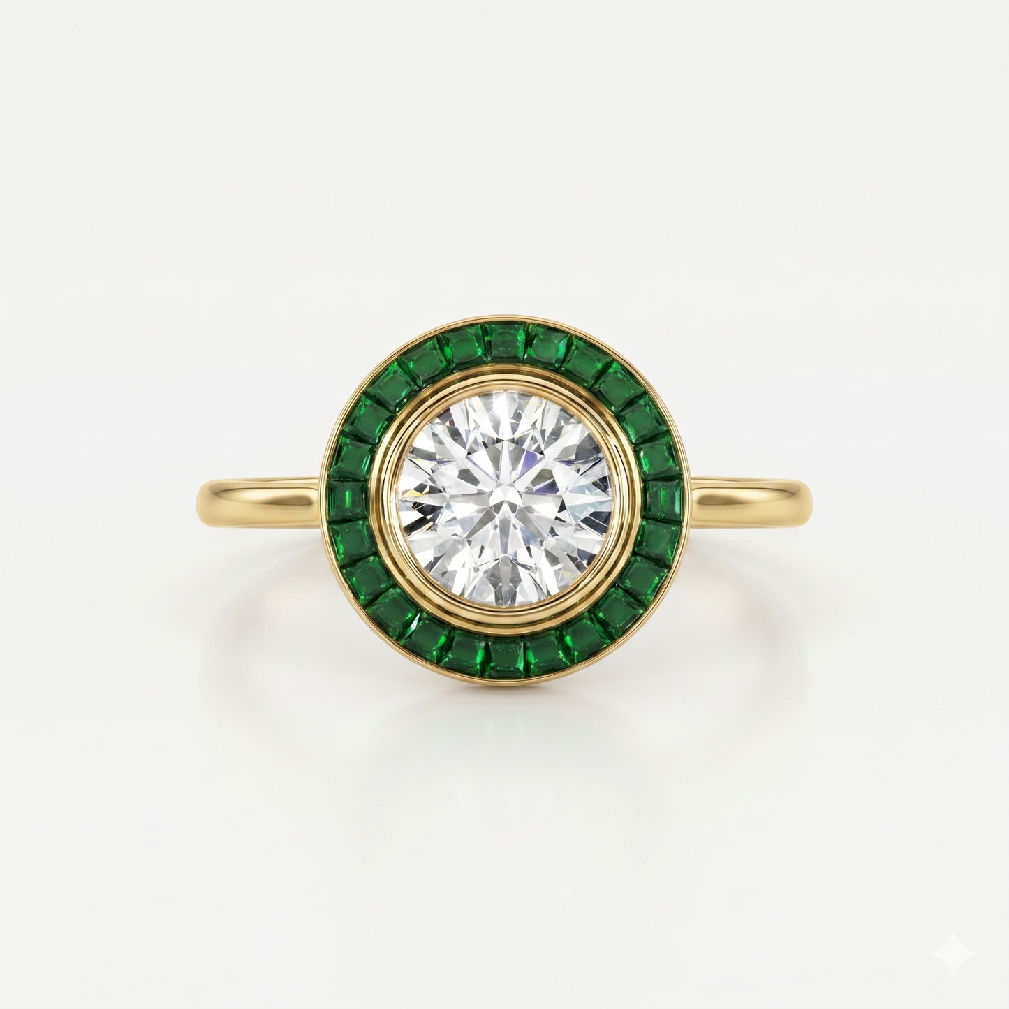 Art-déco-Ring mit Diamant und Smaragd-Halo