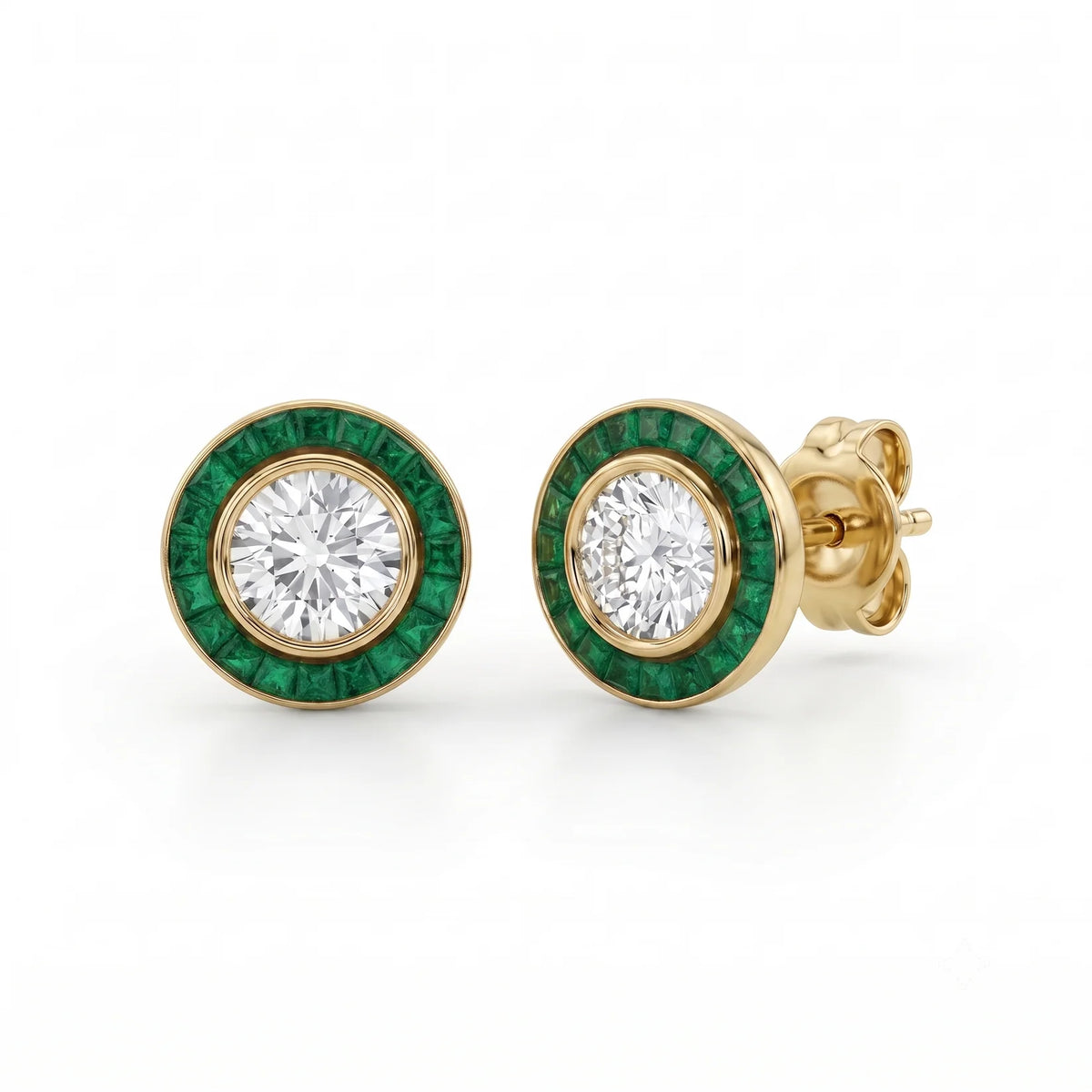 Art Deco Gold Diamond Earrings | Emerald Halo