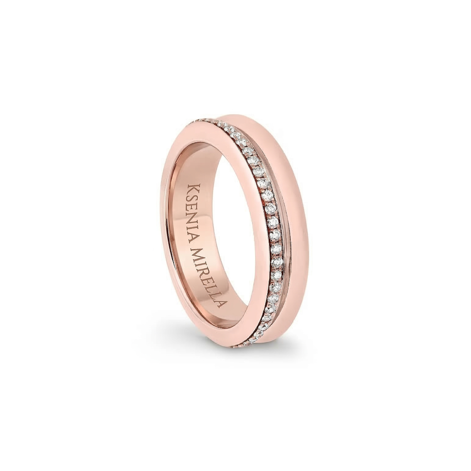 rose gold double band ring with diamond eternity on a white background