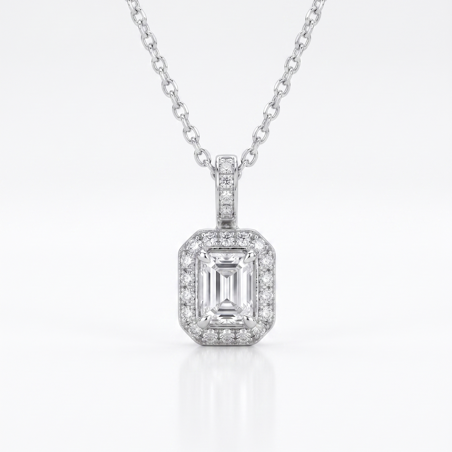 Diamond pendant necklace on a white background