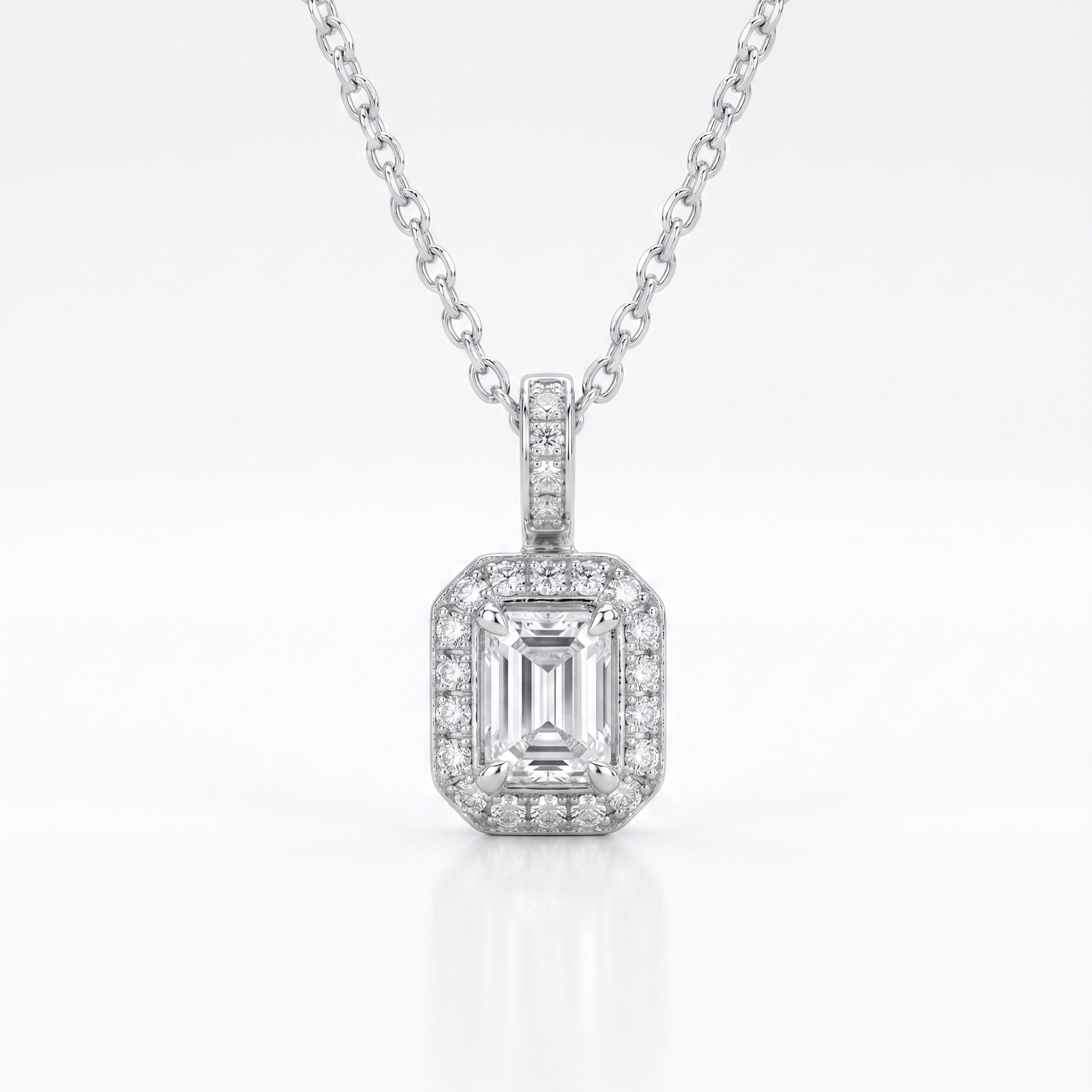 Diamond pendant necklace on a white background