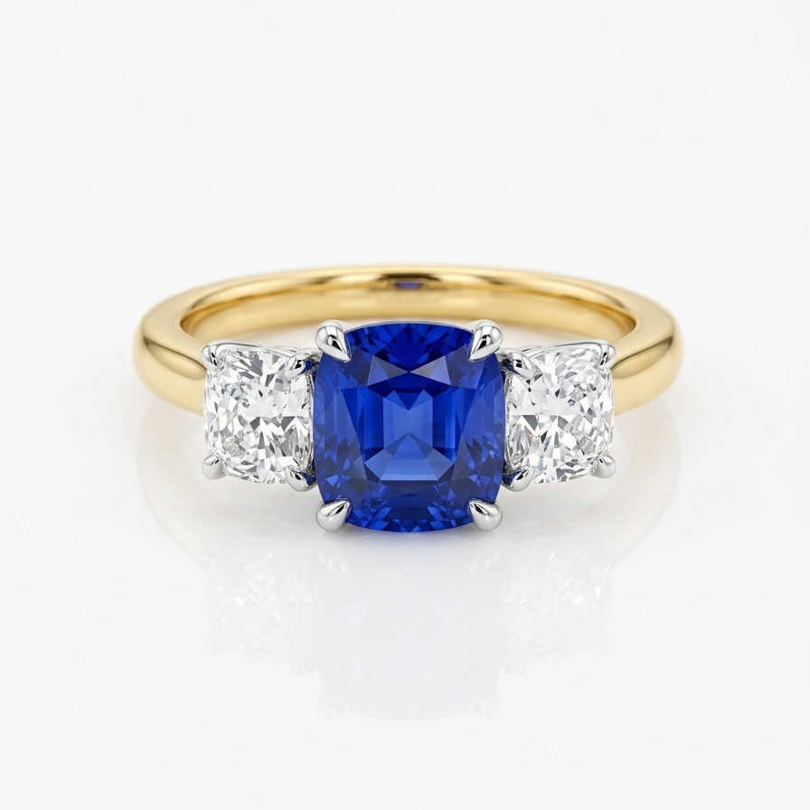 blue sapphire three stone ring with white diamond side stones set into yellow gold on a white background 