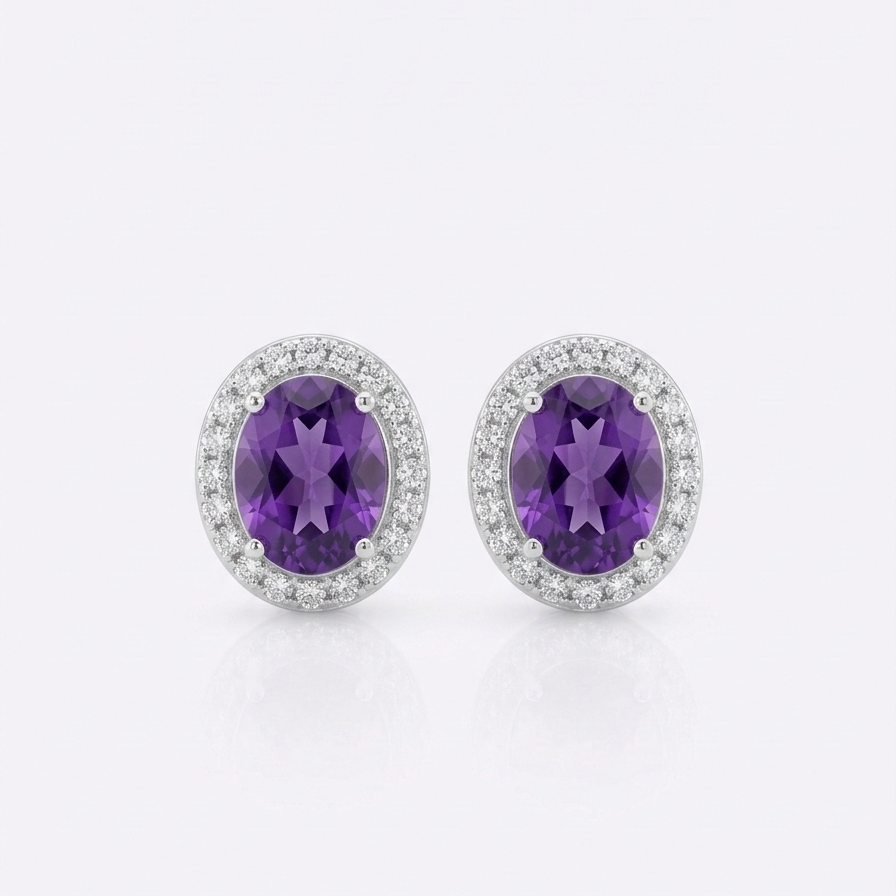 Pair of purple gemstone earrings on a white background