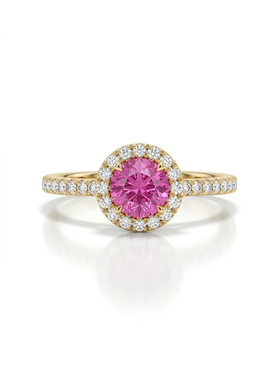 Pink Sapphire & Diamond Halo | Yellow Gold Ring