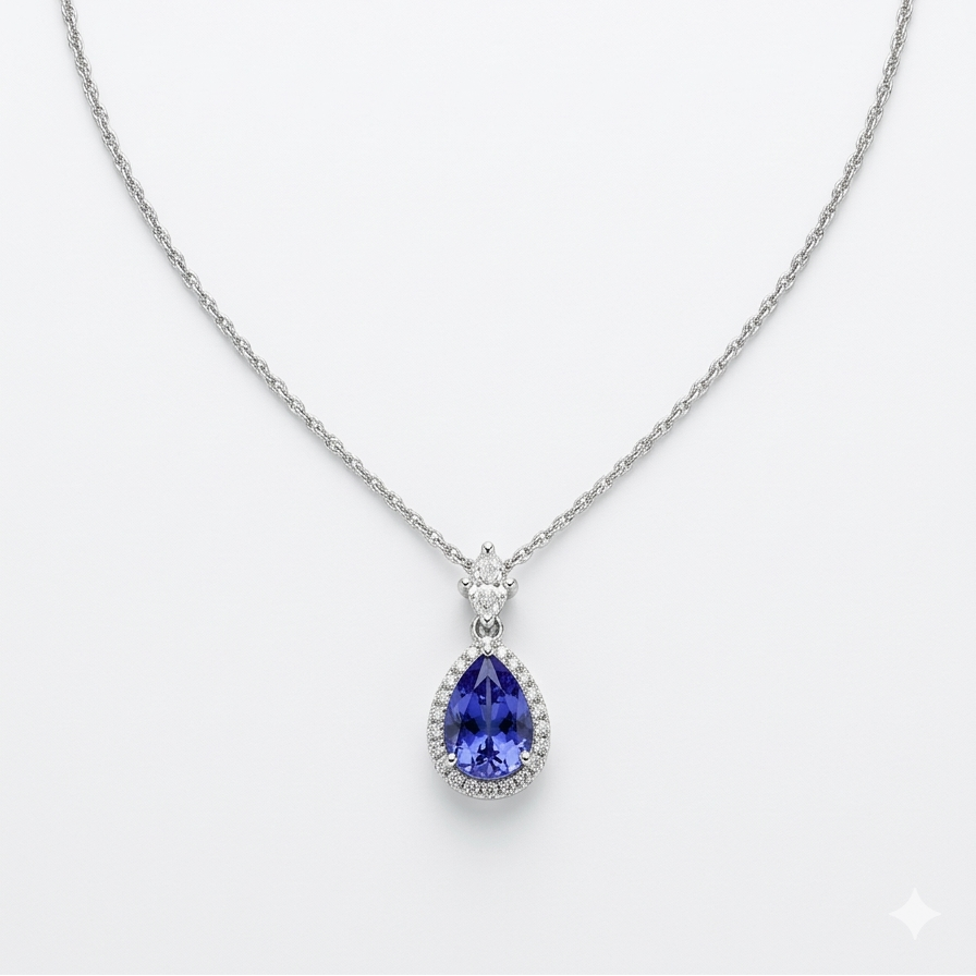 Necklace with a teardrop-shaped purple gemstone pendant on a white background